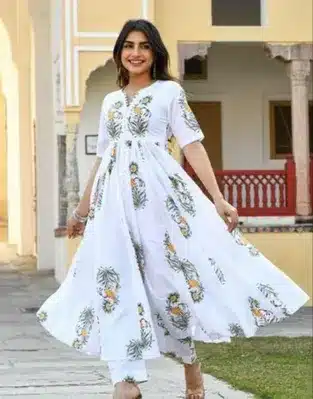 Graceful White Floral Anarkali Kurta Set – Lightweight Summer Ethnic Wear