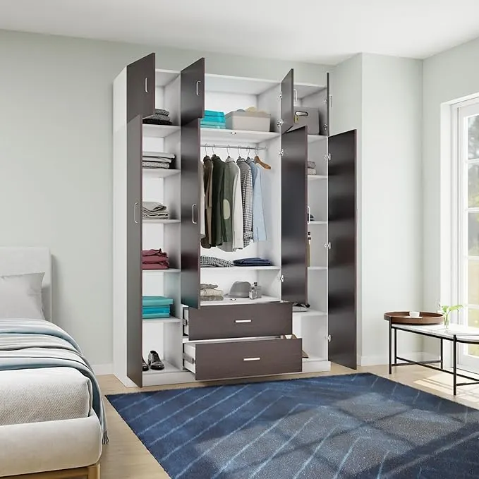 VIKI Wardrobe | Wooden Almirah for Clothes,Door for Bedroom with Loft, 4 Door Wardrobe with Drawer & Hanging Space (Frosty White with Dark Wenge - 40D x 160W x 220H)