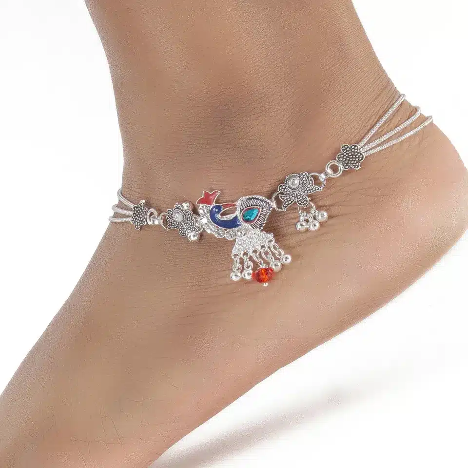 Peacock Charm Silver Anklet